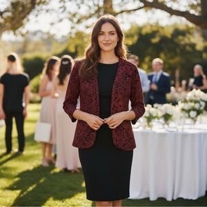 ALEX EVENINGS Long-sleeve Jacket, Sparkle Black & Red Paisley, Size Large